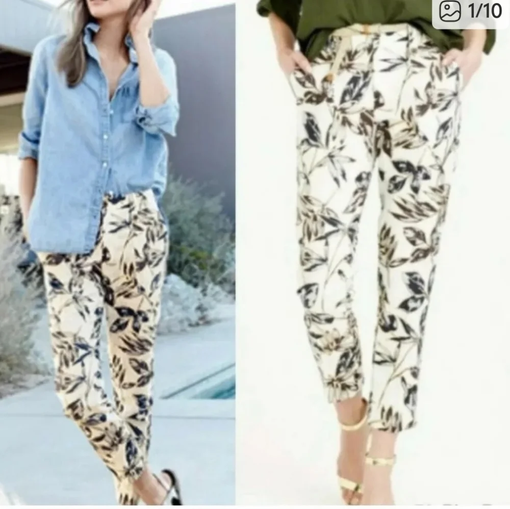 J. Crew Women's Pants Cropped Gold Foil Leaf Garden Pants w/Pockets 100% Linen